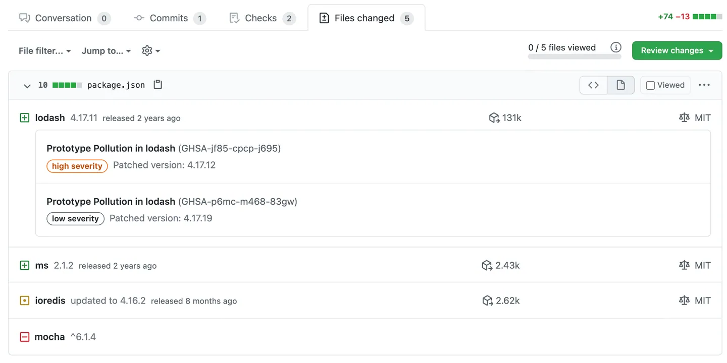 screenshot of package.json rich diff